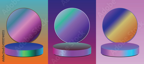 Abstract 3D podiums with gradient colors and holographic effects for product display, representing futuristic or modern presentation platforms