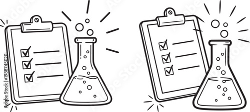 Two scientific illustrations of clipboards with checkboxes and bubbling test tubes test tube science and technology research and development