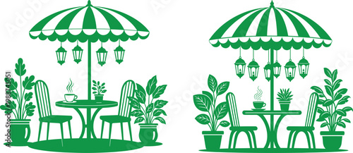 Green silhouette illustration of two outdoor cafe seating areas with umbrellas and plants food and drink public space umbrella lanterns exterior