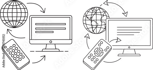 Remote control and globe icons connected to computer and tv screens with television computer internet connection technology streaming wireless