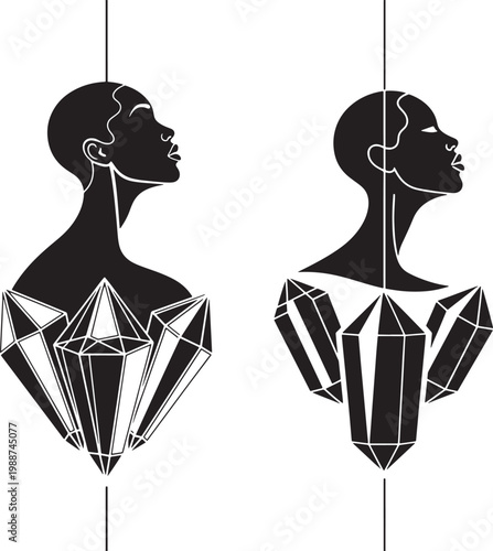 Stylized female profile with geometric crystal shapes silhouette gemstone geometric illustration abstract elegance feminine minimalist