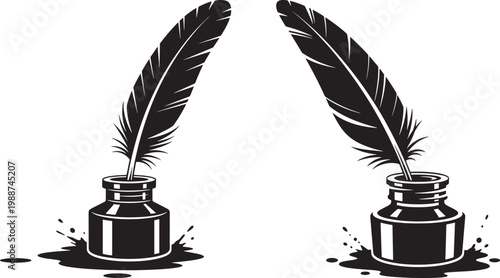 Two inkwells with quills and ink splashes black and white vector illustration writing instrument ink splash education literature illustration