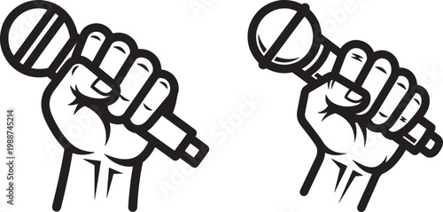 Two hands holding microphones black and white vector illustration talk show microphone performance speaking broadcasting interview