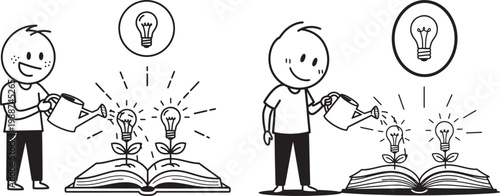 Person watering a plant growing from a book symbolizing the growth of knowledge and ideas knowledge watering learning education inspiration