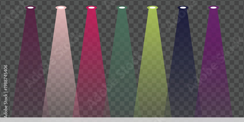 A spectrum of illuminated spotlight beams in various colors, cast downwards against a transparent background, creating a vibrant visual effect for events or design projects