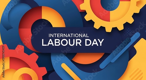 International labour day celebration graphic with colorful text and icons on a dark blue background