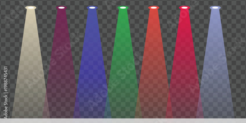 A vibrant spectrum of colored spotlights illuminating a stage, creating an atmospheric backdrop for events and performances