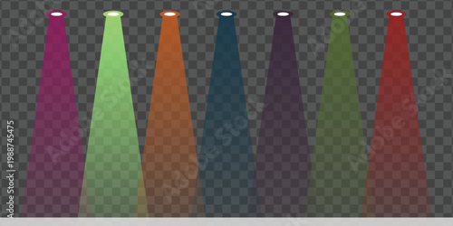 Various colored spotlights illuminating from above, casting vibrant beams of light onto a transparent surface against a checkered background