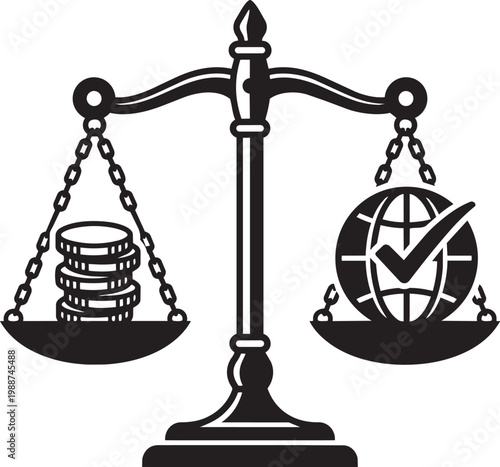 Scales balance coins, world checkmark: fair trade