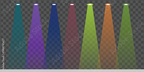 Collection of six colored spotlights creating beams of light against a transparent background, ideal for stage or event illumination effects