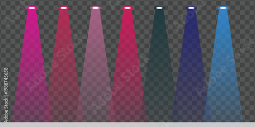 Illuminating spotlight beams in various vibrant colors creating a dramatic effect on a transparent background ideal for stage or event presentations