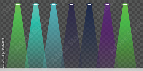 Stage spotlights in varying shades of green, blue, and purple, creating a vibrant and atmospheric lighting effect on a transparent background