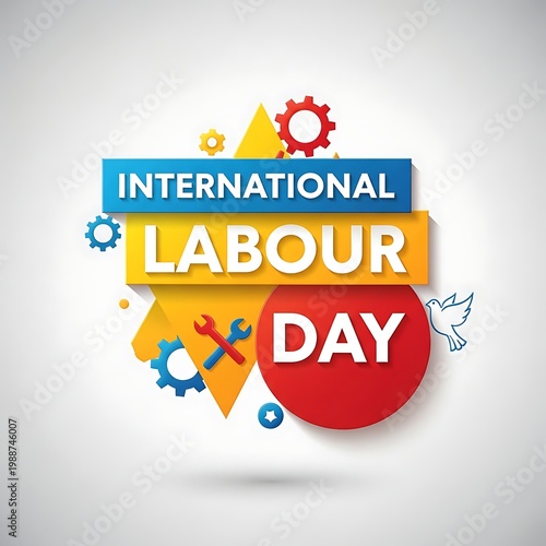 International labour day celebration with colorful abstract shapes and arrows on white background