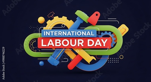 International labour day celebration graphic with colorful text and icons on a dark blue background