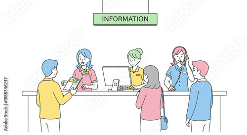 People standing at information desk.