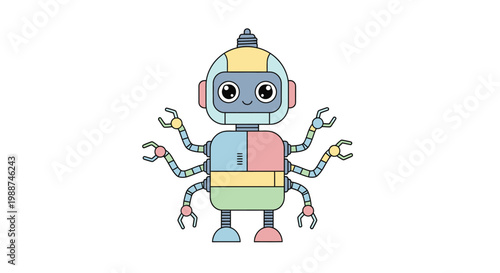 Colorful Robot With Multiple Limbs Standing.