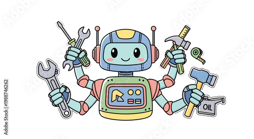 Robot Holding Various Tools Smiling.