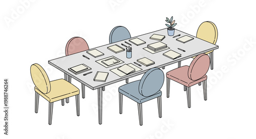 Colorful chairs around a table.