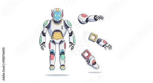 Robot with disassembled mechanical limbs standing.