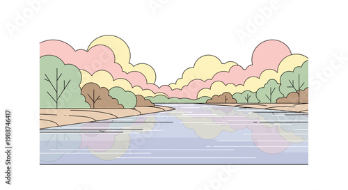 Serene River Landscape With Trees.