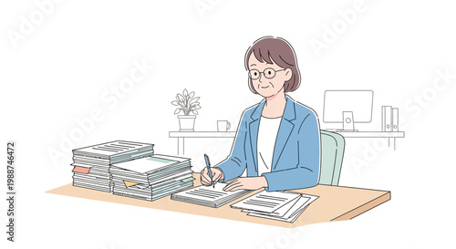 Woman sitting at desk with books.
