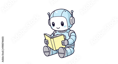 Smiling robot character reading book.