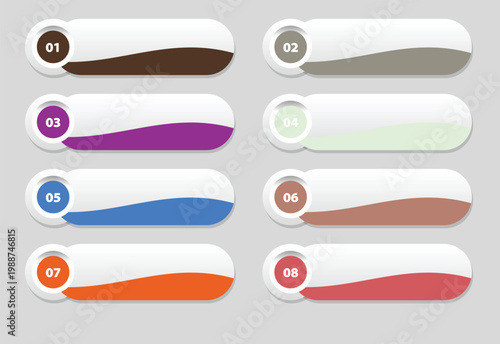 Set of eight numbered rounded rectangle buttons with different colors and shades, perfect for website navigation, infographics, or user interface elements
