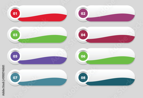 Colorful numbered rounded rectangle horizontal banners with text placeholders on a white background for presentations
