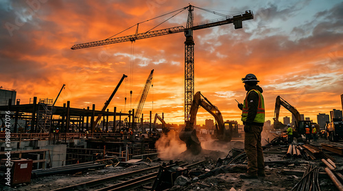 Construction site at sunset with cranes and excavators