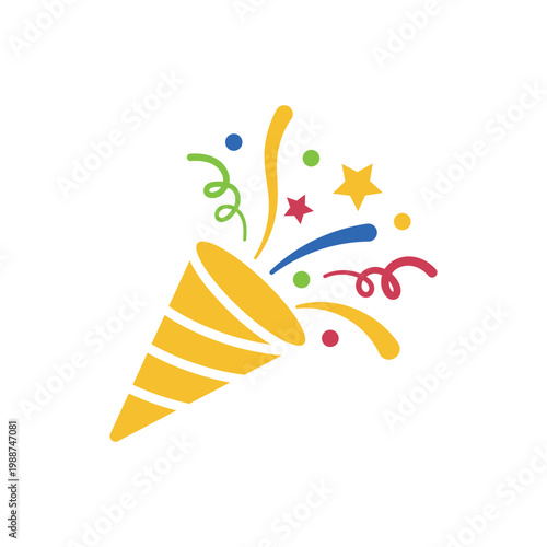 Bright party popper illustration with colorful confetti, stars, and streamers. Fun festive design ideal for birthdays, celebrations, events, invitations, and cheerful creative projects.