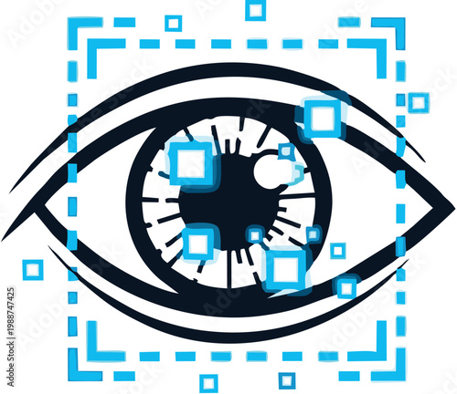 High-Tech Eye Recognition and Retinal Scanning Graphic Representing Biometric Identification, Advanced Surveillance, and Artificial Intelligence Vision.