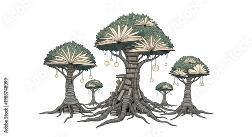 Illustration of treehouse built into giant tree with book pages for leaves and hanging light bulbs Gudang Uyah