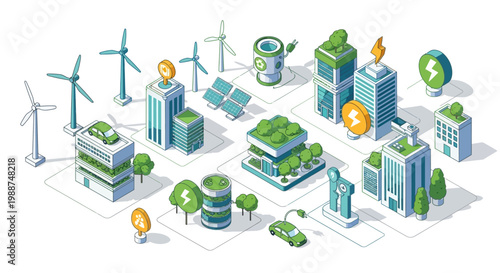 Sustainable city with green buildings, renewable energy sources, and eco-friendly transportation systems.