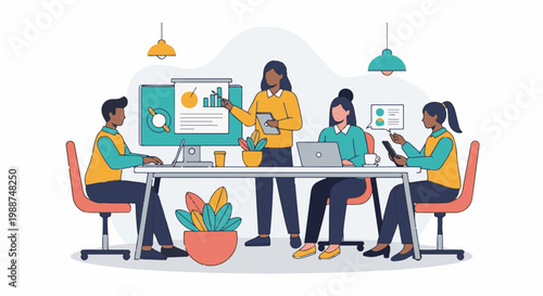 Diverse team collaborating around a table, presenting data, and using technology