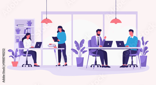 Office workers focused on their laptops at desks in a bright, modern workspace with plants