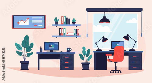 Modern office with two desks, plants, and a window view of the sky