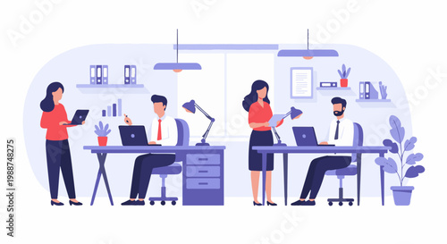 Colleagues collaborate in a modern office setting, utilizing laptops and desks