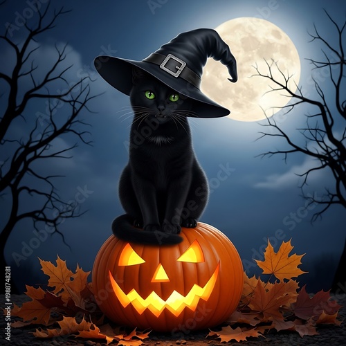 Black cat in witch hat atop glowing jack-o'-lantern, under full moon