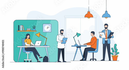 Diverse team collaborates in a modern office environment