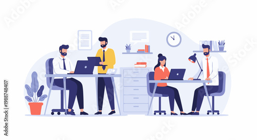 People working together at desks in a modern office space