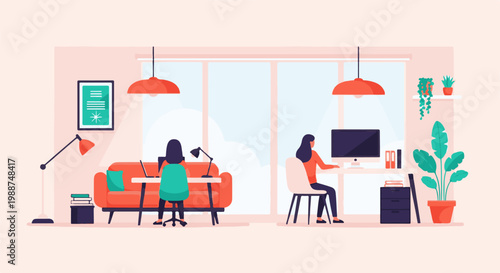 Cozy home office setup with two people working at desks and a sofa