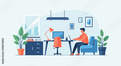 Man working on laptop at home office desk with computer, lamp, plants, and chair