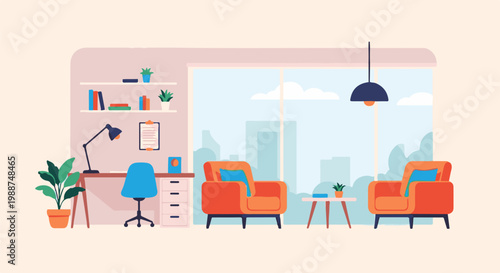 A cozy, modern living space with a workspace and comfortable seating overlooking a city