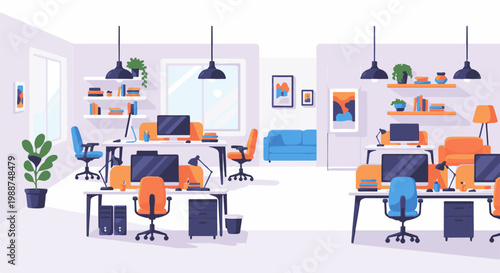 A modern pixel art office space with multiple workstations, chairs, and plants