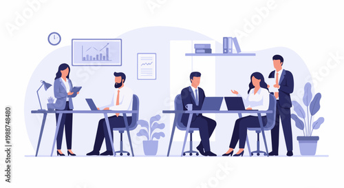 Professionals collaborate in a modern office setting with desks, laptops, and plants