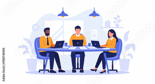 Three professionals collaborate on laptops at a modern office table, with plants and lamps