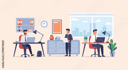 Three men working at computers in a modern office with a city view