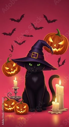 Black cat in witch hat surrounded by glowing pumpkins and bats