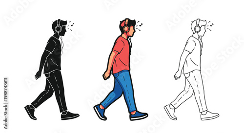 Vector illustration of a young man walking while listening to music through his stereo headphones