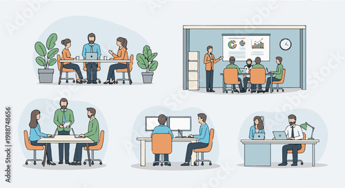 Diverse office scenes showing teamwork, presentations, and individual work